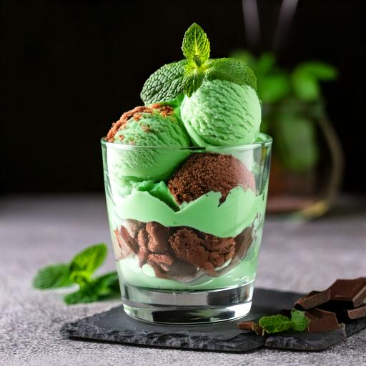 チョコフレークの上にチョコミントアイスが入っているパフェ