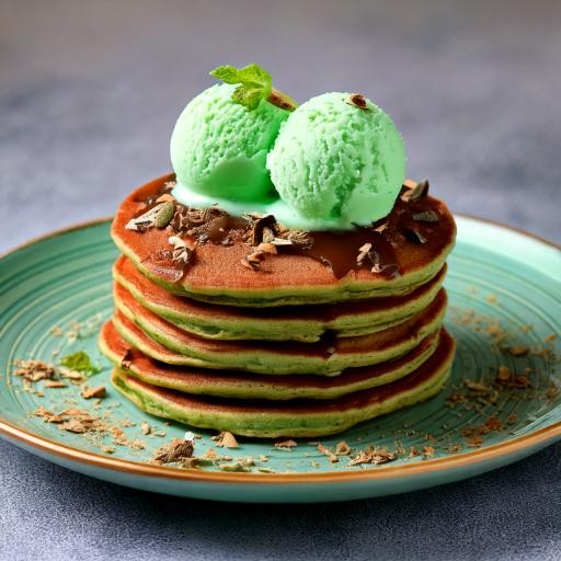 チョコミントアイスが２つトッピングされた６段のパンケーキ