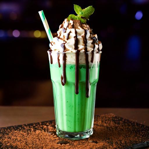 チョコソースがかかったホイップクリームが乗っているチョコミントシェイク